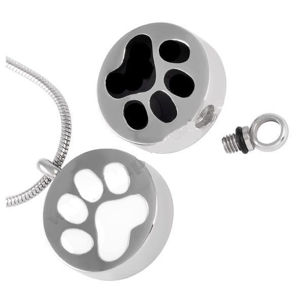 Paw print cremation pendant. Available in white or black.